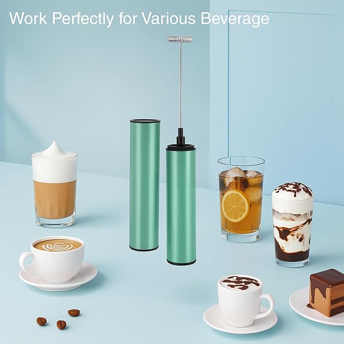 Milk Frother, Rechargeable Battery Operated Frother for Coffee,Portable Drink Mixer with 2 Stainless Steel Whisk Heads,Milk Foamer for Keto Coffee, Latte, Cappuccino, Hot Chocolate,Light Blue