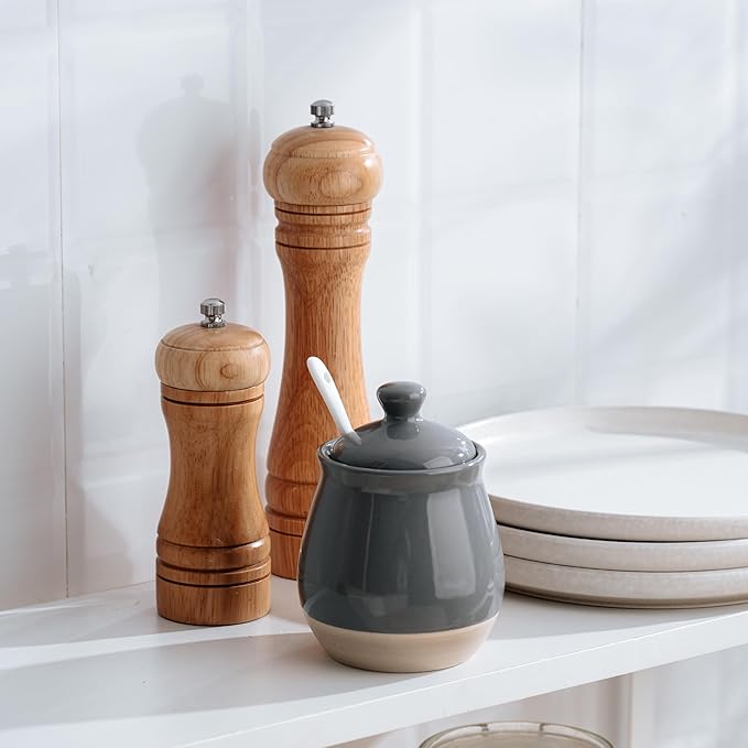 famiware Milkyway Sugar Bowl with Lid and Spoon, 10oz Ceramic Sugar Jar/Pot/Dispenser for Salt, Condiments, Spice, Seasonings, Sugar Container for Coffee Bar, Home, Kitchen, and Countertop, Dark Gray