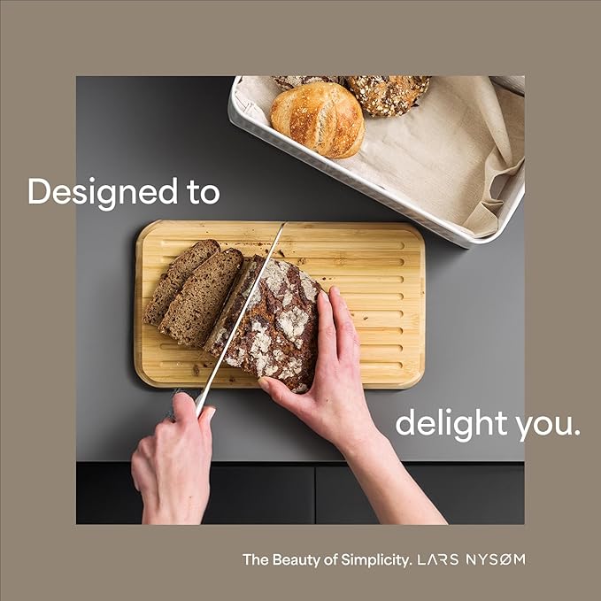 LARS NYSØM Bread Box I Metal Box with linen bag for long lasting freshness I Bread Bin with bamboo lid usable as cutting board I 13.4x7.3x5.3In (Sage Green)