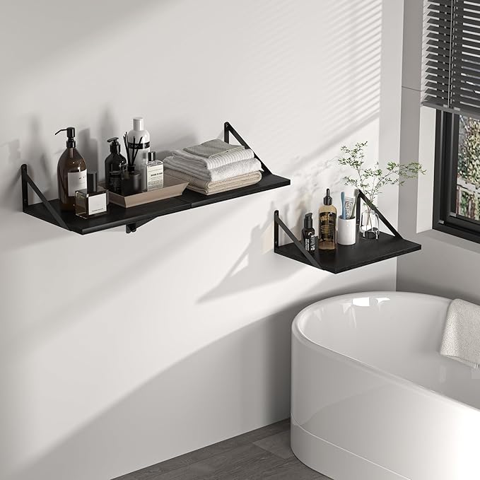 Heimlove Black Deep Floating Shelves for Wall, 16W x 12D Wood Wall Shelves Set of 2, Wide Floating Bookshelf for Living Room, Kitchen, Office, Bedroom and Decor Storage, with Metal Bracket - Black