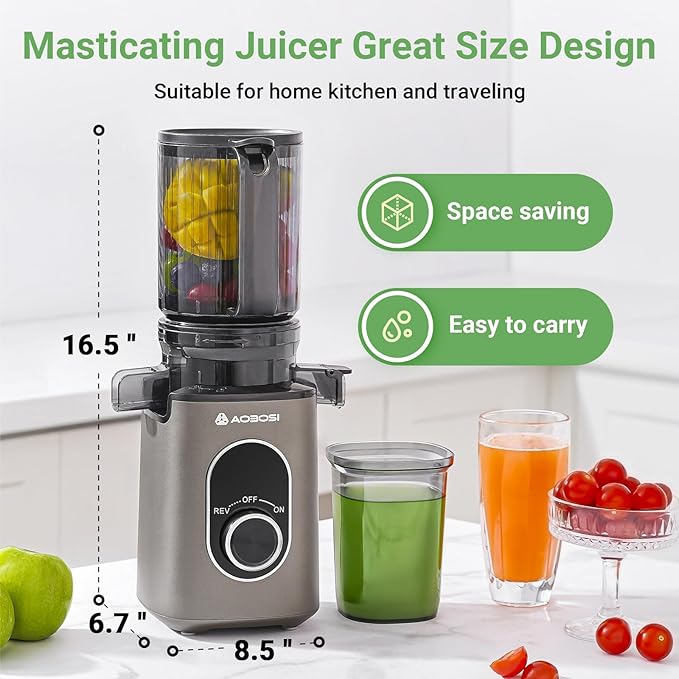 AAOBOSI Cold Press Juicer, 4.35" Large Feed Chute Masticating Juicer Machines (Upgrade) High Juice Yield Slow Juice Extractor fit Fruits &Vegetables, Easy to Clean, New Designed for Home and Travel