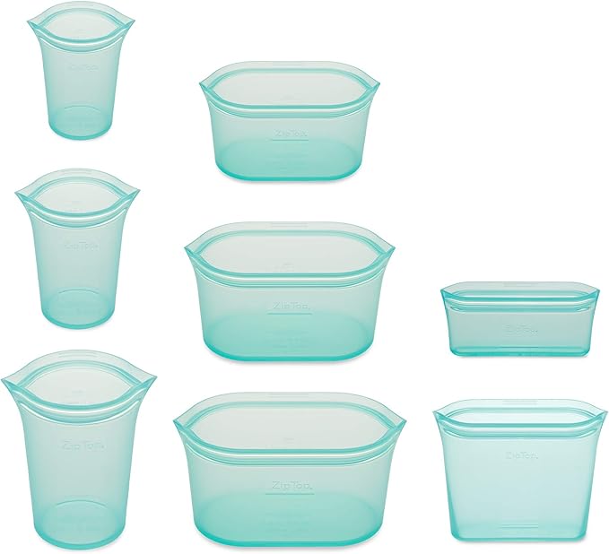Zip Top Reusable Food Storage Bags | Full Set of 8 [Teal] | Silicone Meal Prep Container | Microwave, Dishwasher and Freezer Safe | Made in the USA