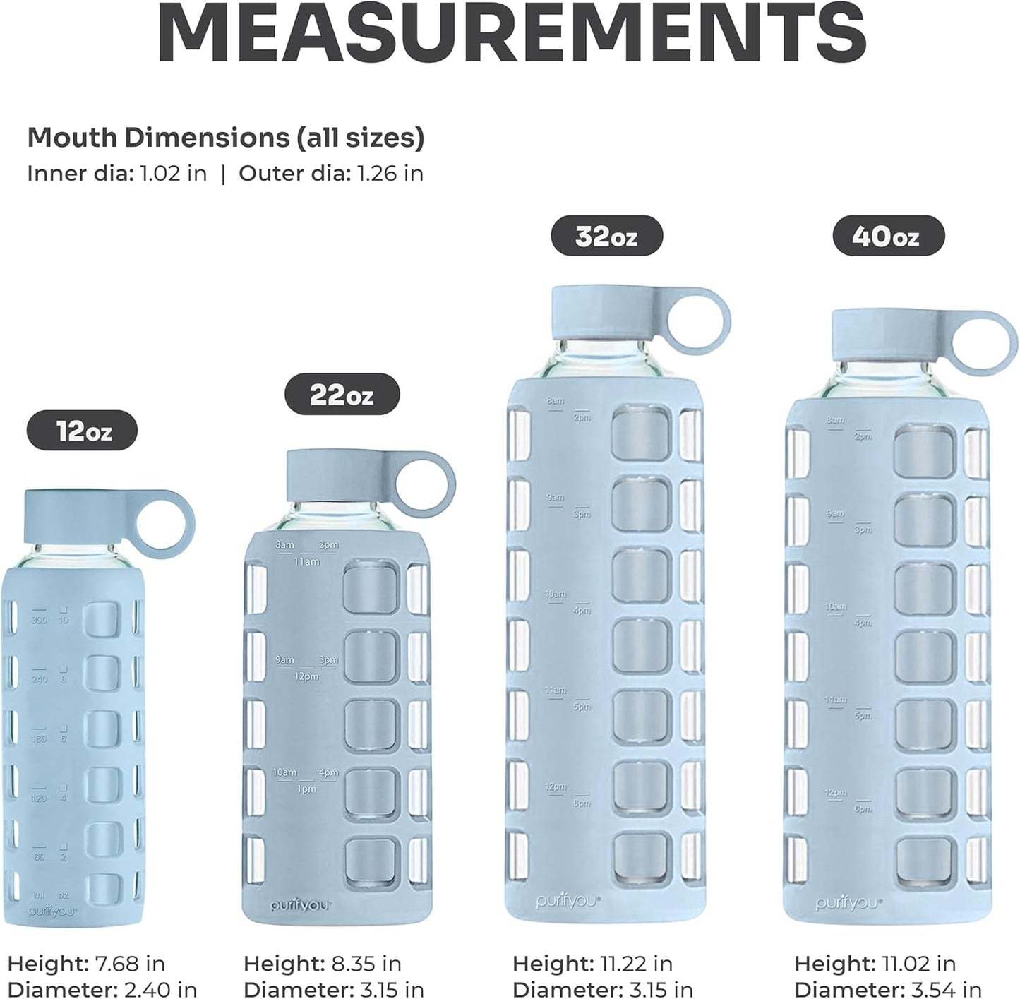 purifyou 40oz / 32oz / 22oz / 12oz Borosilicate Glass Water Bottle with Time & Volume Markers, Silicone Sleeve, Stainless Steel Lid – Reusable Glass Bottle for Water & Juice (32oz Ice Blue)