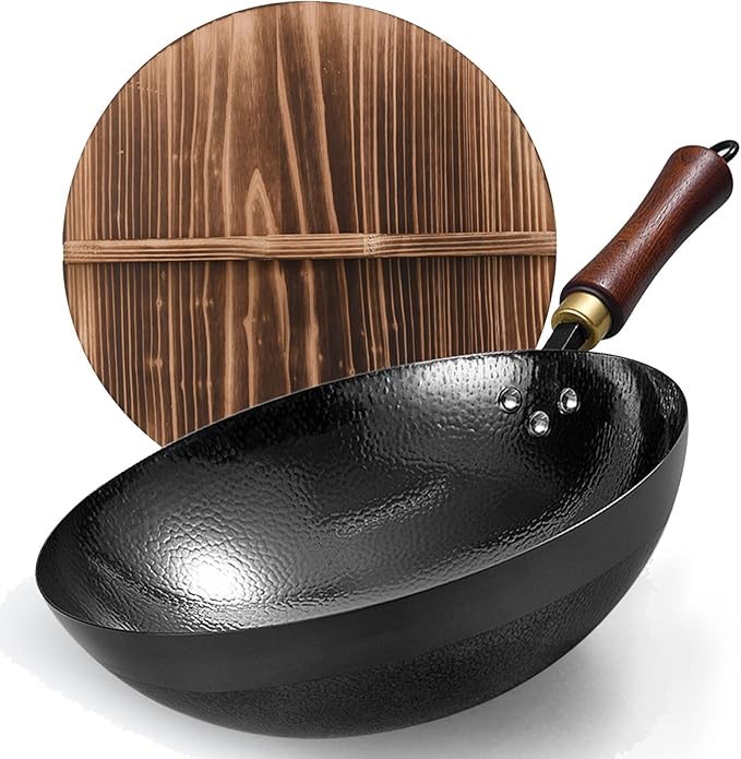 Carbon Steel Pan, 11.8″ Woks & Stir-Fry Pans with Wooden Lid Cookwares, Nonstick Wok, No Chemical Coated Round Bottom Hand Hammered Chinese Wok For Gas