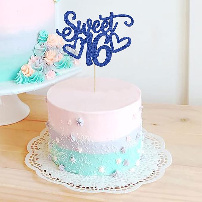 Gyufise 1Pc Sweet Teenager 16 Cake Topper Glitter 16th Birthday Cake Pick for Cheers to 16 Years Old 16th Birthday Party Cake Decorations Supplies Blue