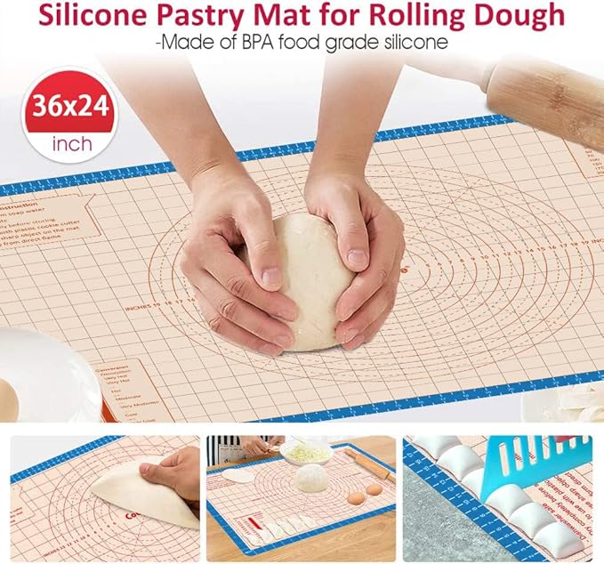 Silicone Pastry Mat 36 x 24 Inch - Larger Silicone Baking Pastry Mat for Rolling Dough,Non Slip Silicon Dough Sheet with Measurement,Perfect for Making Pie,Pizza,Blue