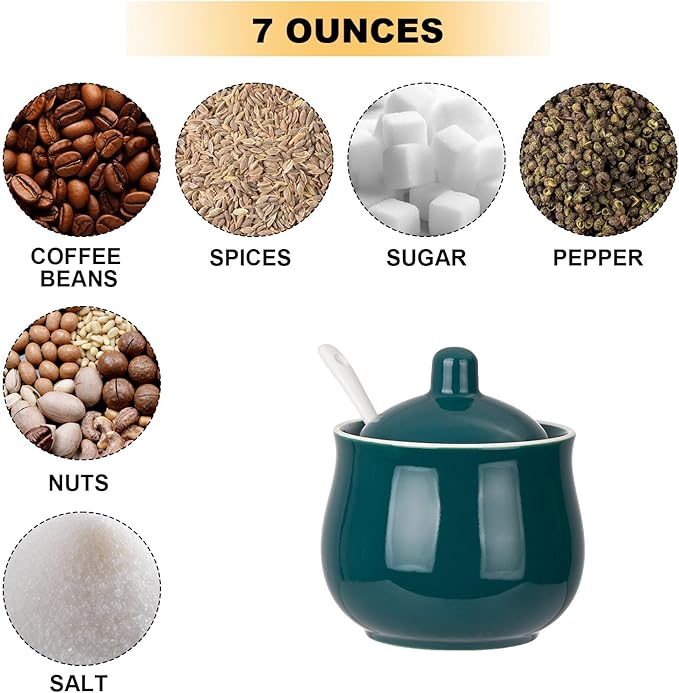 Ceramic Sugar Bowl with Lid and Spoon, Green Porcelain Sugar Salt Pepper Storage Jar, 8 Ounces