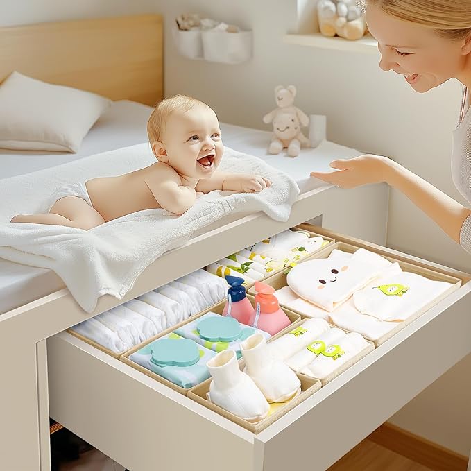 Drawer Organizer Clothes - 12 Pack Dresser Organizer for Nursery, Foldable Sock Underwear Organizer, Baby Drawer Organizer, Small Fabric Storage Bins for Dresser Drawer, Beige