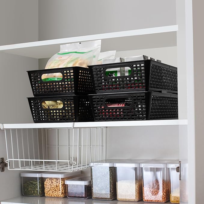 Stackable Woven Plastic Basket, Storage Bins for Cabinet, Closet, Shelf, Under Sink and Countertop, Pantry Organizer Bins, 6 Pack