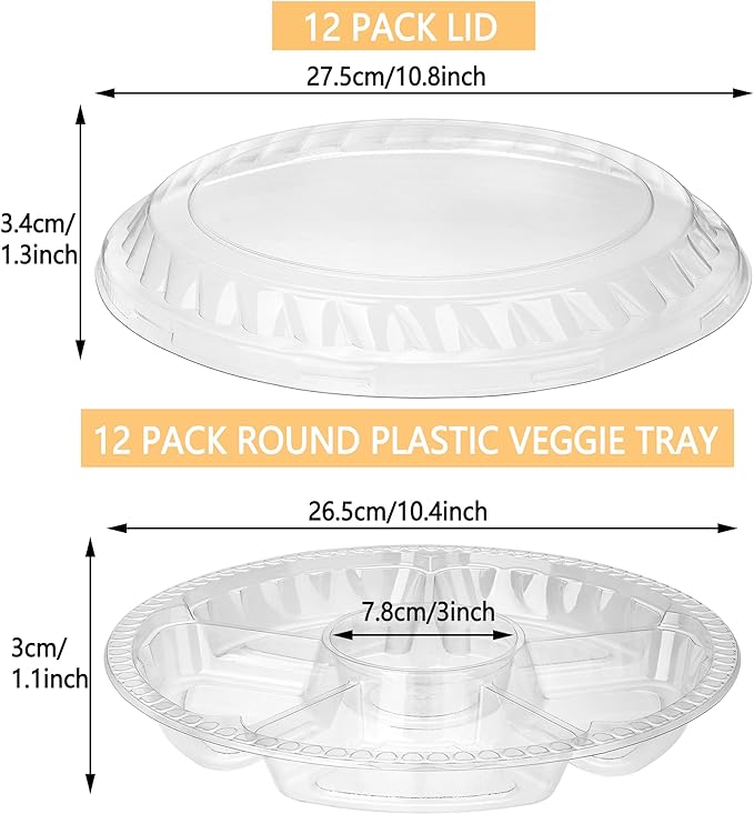 12 Pack Round Plastic Veggie Tray with Lid Fruit Tray 6 Divided Compartment Container Food Serving Dip Platter Reusable Catering Trays for Veggie Fruit Snack Party and Buffet Trays（Clear，10inch）
