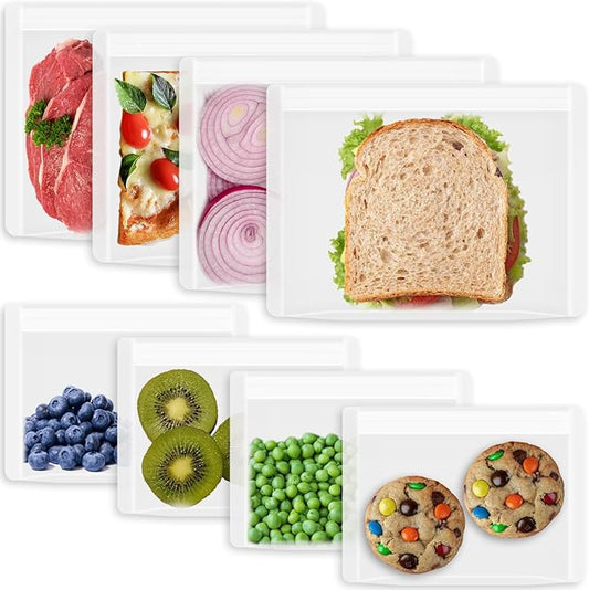 Reusable Sandwich Bags & Snack Bags Set, 8 Pack, 100% Silicone Reusable Storage Bag, Soft Shell Ziplock Silicone Food Storage Containers, Freezer Microwave Oven Dishwasher Safe, Translucent