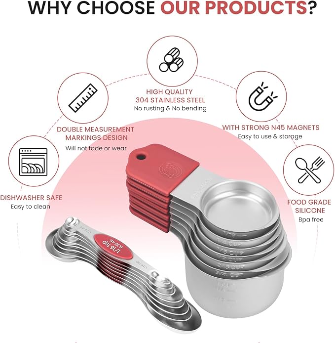 Magnetic Measuring Cups and Spoons Set-Heavy Duty 304 Stainless Steel，Double Measurement Markings，Set of 16 with Leveler for Measure Dry and Liquid Ingredients (Red)