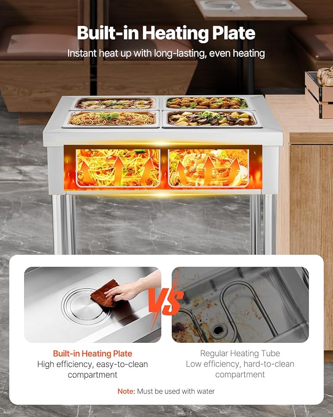 VEVOR 4-Pan Commercial Food Warmer, 4 x 1/2 Pans Electric Steam Table, 1500W Professional Buffet Catering Food Warmer with Undershelf, Stainless Steel Server for Restaurant Party Hotel