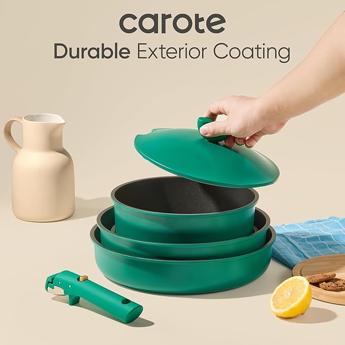 CAROTE 27pcs Pots and Pans Set Non Stick, Gift Set Nonstick Cookware Die-cast Aluminum Detachable Handle, Dishwasher/Oven Safe, Induction Cooking Pot and Pan Sets, Green, RV Kitchen Cookwares