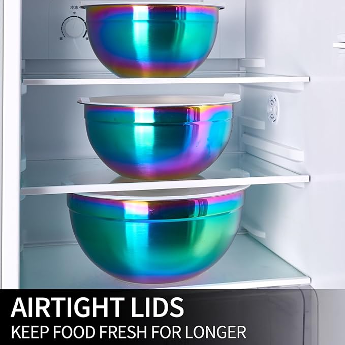 Rainbow Mixing Bowls with Lids Set of 5, Stainless Steel Nesting Bowl with Khaki Lid for Non-slip Mixing Prepping Storing Serving, 5 Sizes-5.5/3.6/2.7/2.1/1.5 QT