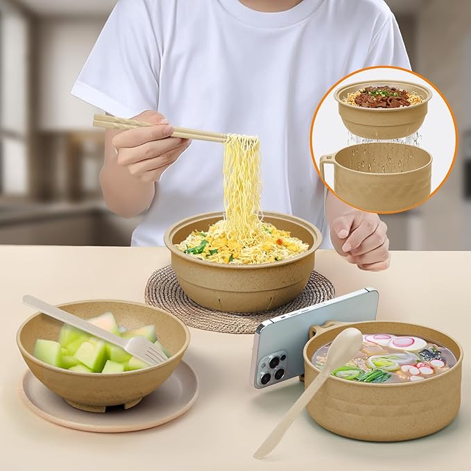 Ramen Cooker,32oz Ramen Bowl Set,Microwave Ramen Bowl, Microwave Bowl with Lid, Portable Noodle Bowls,for Home Office Dorm Room College gift (Khaki)