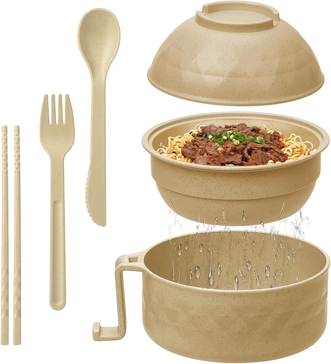 Ramen Cooker,32oz Ramen Bowl Set,Microwave Ramen Bowl, Microwave Bowl with Lid, Portable Noodle Bowls,for Home Office Dorm Room College gift (Khaki)