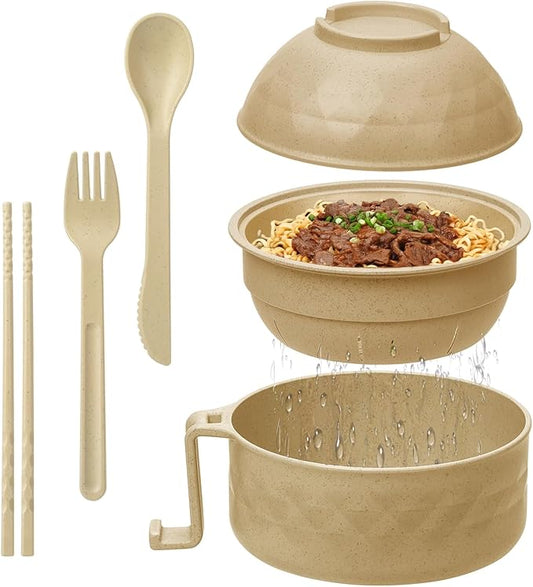 Ramen Cooker,32oz Ramen Bowl Set,Microwave Ramen Bowl, Microwave Bowl with Lid, Portable Noodle Bowls,for Home Office Dorm Room College gift (Khaki)
