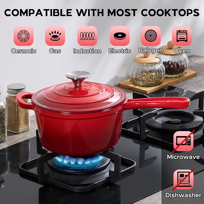 2QT Saucepan with Lid, Onader Enameled Cast Iron Sauce Pan Pot, Small Dutch Oven Cooking Kitchen Pot, Nonstick & Heavy Duty – Red