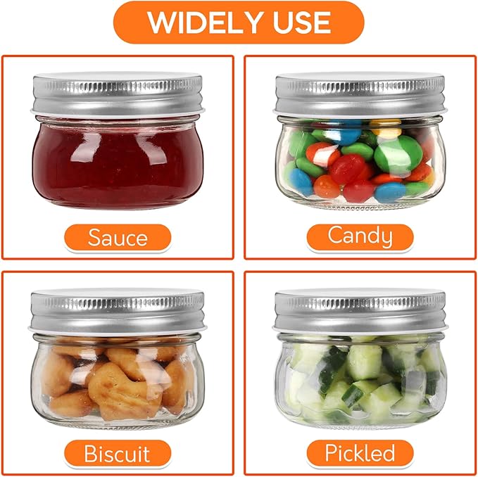 4 oz Mason Jars With Silver Lids, 24 Pack Regular Mouth Canning Jars for Jam, Honey, Yogurt, Spices, Snacks, DIY Projects, Wedding Favors- Includes 30 Stickers