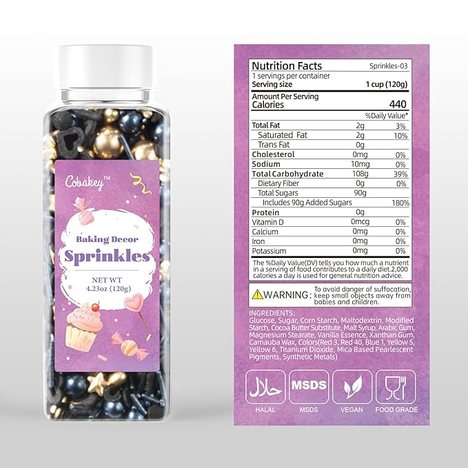 Black & Gold Star Sprinkles for Cake Decorating 4.23ounce - Sugar Mix Contains Gold Star & Pearl Sprinkles for Cupcake Toppers, Ice Cream, Candy, Cookie Decorations - Wedding Party Supplies