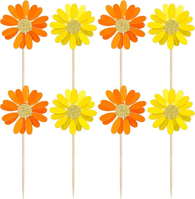 Ephlyn 24Pcs Orange Daisy Cupcake Toppers Flower Cake Toppers Daisy Cake Decorations Chrysanthemum Cupcake Toppers Spring Daisy Flower Cake Picks for Birthday Wedding Supplies