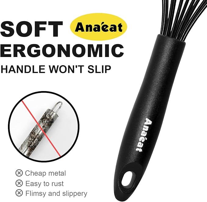 Anaeat 8.5" Silicone Balloon Whisk, Perfect for Non-Stick Cookware, Milk and Egg Beater Blender, Heat Resistant Kitchen Whisks for Whisking, Cooking, Baking, Beating, Frothing & Stirring (Black)