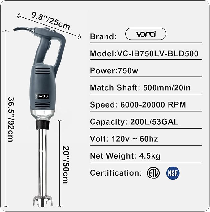 VONCI 750W Commercial Immersion Blender, Extra Heavy Duty Hand Blender with Variable Speed 8000-19000RPM, Handheld Stick Mixer with 20" SUS 304 Shaft, Commercial Emulsifier for Restaurant Kitchen.