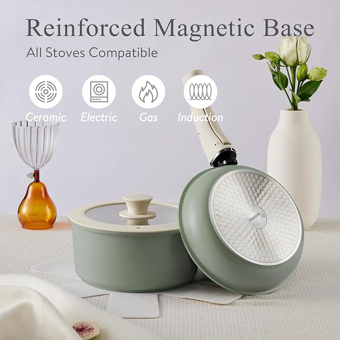 Pots and Pans Set Healthy Non toxic Non Stick Ceramic Cookware Set 21 Pcs Detachable Handles, Oven Safe, Induction Dishwasher, Stackable Frying Pan (PFOS, PFOA Free),Green