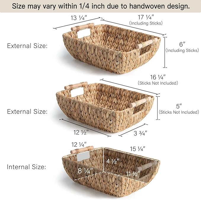 StorageWorks Hand-Woven Jumbo Storage Baskets with Wooden Handles, Water Hyacinth Wicker Baskets for Organizing, 2 Pack