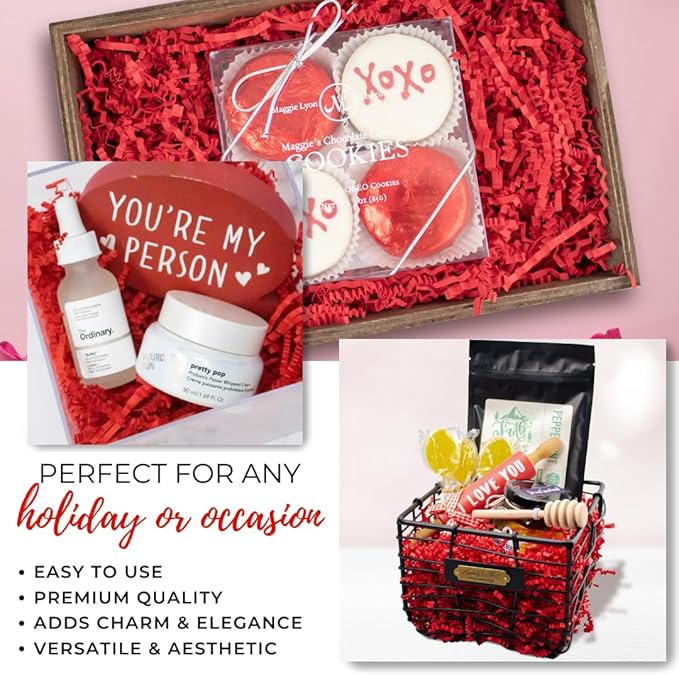 MagicWater Crinkle Cut Paper for Gift Baskets - 2LB - Red - Perfect for Shredded Paper Filler, Basket Filler, Gift Boxes, Bridesmaid Gifts, Halloween Stuffers & More – Ideal for All Occasions