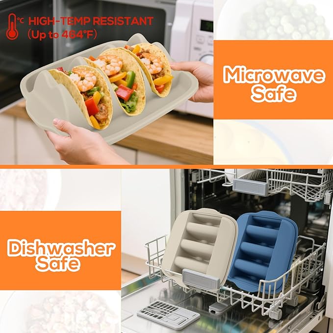 Silicone Taco Holders Set of 2 - Reusable Taco Stand with Dividers for Hard/Soft Shells, Microwave & Dishwasher Safe, Non-Slip Taco Serving Plates for Taco Tuesday, Party, Fiesta（white + navy）
