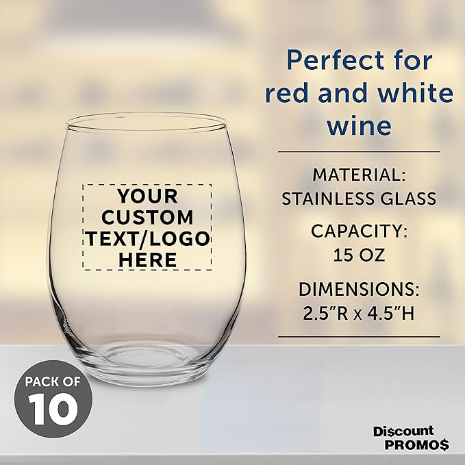 Custom Stemless Wine Glasses by ARC Perfection 15 oz. Set of 10, Personalized Bulk Pack - Restaurant Glassware, Perfect for Red Wine, White Wine, Cocktails - Clear