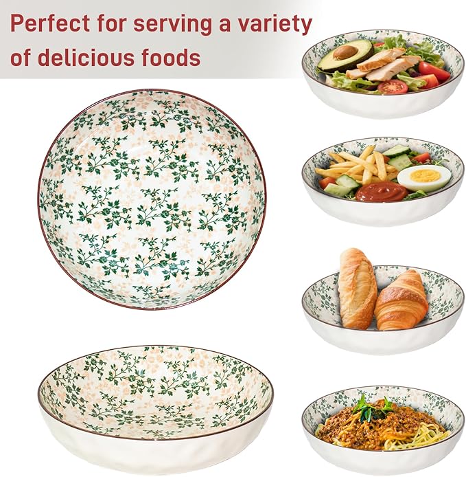 Large Serving Bowls, 78Oz Extra Large Salad Bowls Set of 2, Green Floral Pattern Design Decorative Bowls for Salad, Fruit, Pasta and Dinner, Serving Dishes Set for Party (Green Floral of 2)