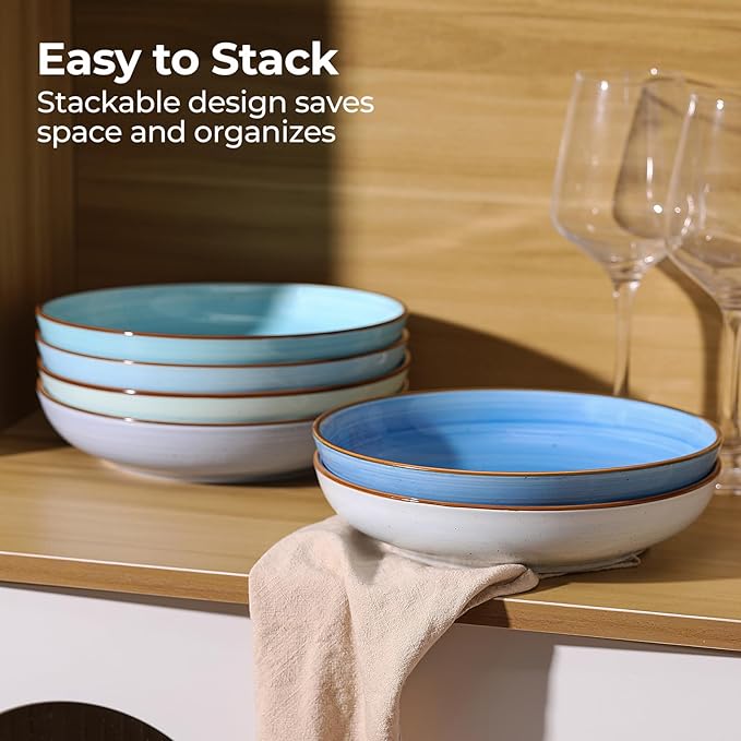 Y YHY 8.5'' Pasta Bowls Set of 6, 30 oz Ceramic Shallow Salad Bowls, Large Serving Soup Bowls Pasta Plates, Microwave & Dishwasher Safe Dinnerware Valentine's Day Gift, Gradient Blue