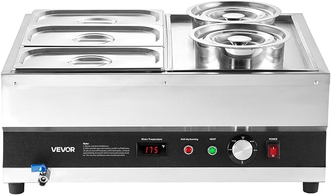 VEVOR Electric Soup Warmer, Two 6.34QT Pots & Three 1/3 Pans, Stainless Steel Commercial Food Warmer with 86~185°F Adjustable Temp, 1500W Bain Marie, Soup Station for Restaurant, Buffet