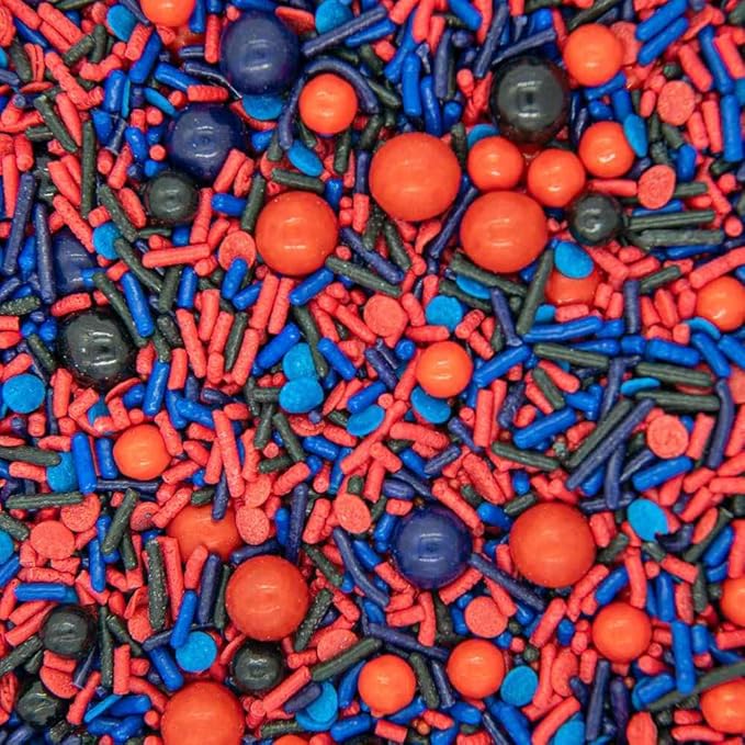Spiderman Sprinkles for Cake, Cookie, Cupcake Decorating, and Baking - Fancy Edible Spiderman Cake Decorations Sprinkles and Toppings in Red, Blue, and Black Jimmies, Nonpareils, Sugar Pearl