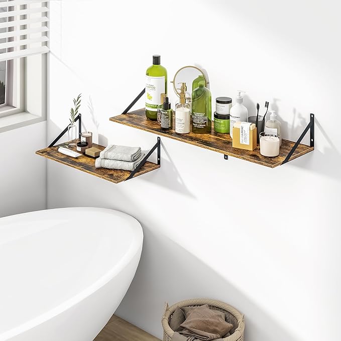 Heimlove Deep Floating Shelves for Wall, 24W x 12D Wood Wall Shelves Set of 2, Wide Floating Bookshelf for Living Room, Kitchen, Office, Bedroom and Decor Storage, with Metal Bracket - Rustic Brown