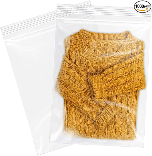 12" x 18"(1000 Count) Large Zip Plastic Poly Bags - 2 Mil Clear Reclosable Zipper Bags for Prints, Photos, Documents, Clothing, T-Shirt, Storage