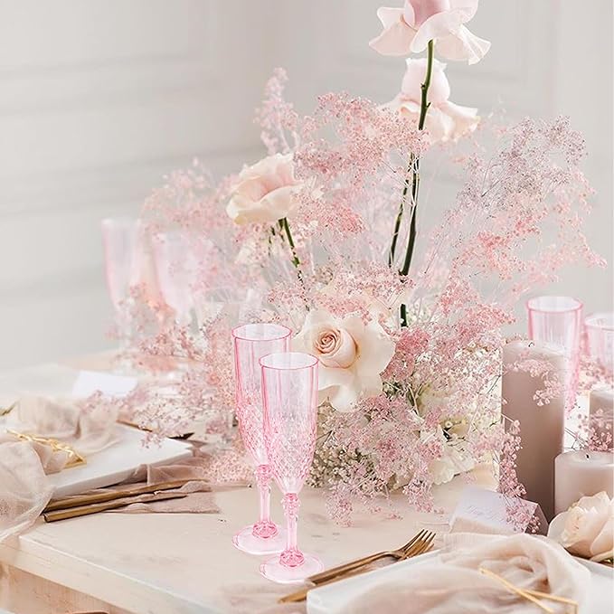 Plastic Champagne Flutes, 12PCS Pink Plastic Wine Glasses Goblets Reusable Champagne Flute for Weddings, Bachelor Parties, Toasting, and Events(12, Pink)