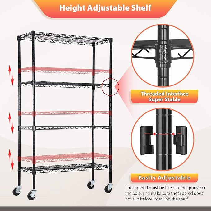 FDW Wire Shelving Storage Shelves 4-Shelf Adjustable NSF Wire Shelf Heavy Duty Storage Shelving Unit on 3” Wheel Casters Commercial Metal Rack 36L x 14W x 62H,Black