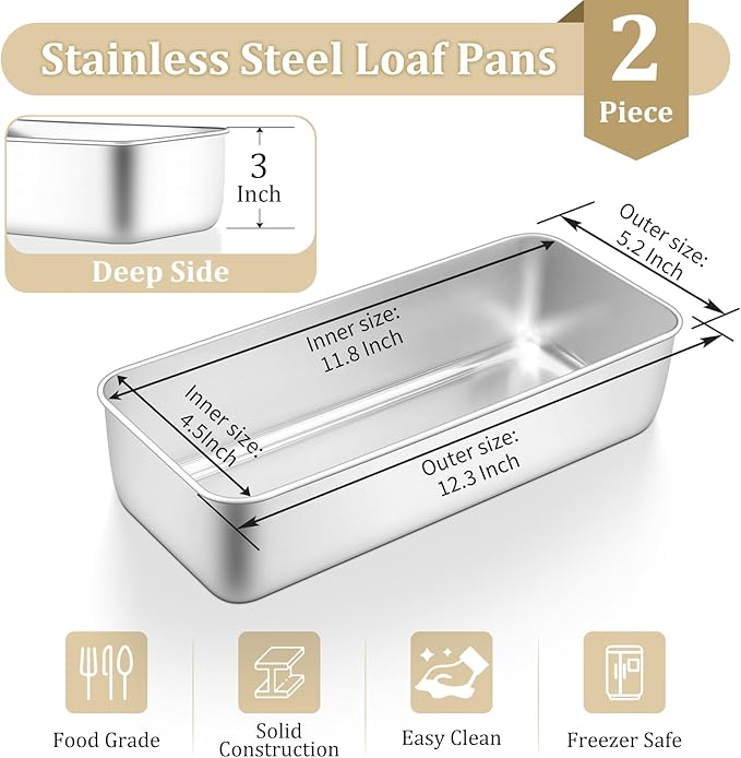 TeamFar Loaf Pan, 12 x 5 Inch Stainless Steel Loaf Pans for Baking Bread, 2 Pack Large Bread Loaf Baking Pan for Homemade Bread, Meatloaf, Cake, Brownies, Non-Toxic, Heavy-duty, Oven & Dishwasher Safe