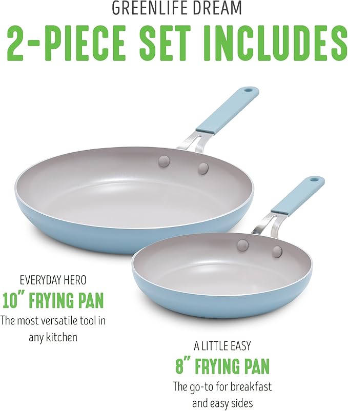 GreenLife 8” & 10” 2 Piece Nonstick Ceramic Frying Pan Set, Lightweight Healthy PFAS-Free Skillets, Dishwasher & Oven Safe, Durable Body, Silicone Stay-Cool Handles, Easy Release, Blue Haze