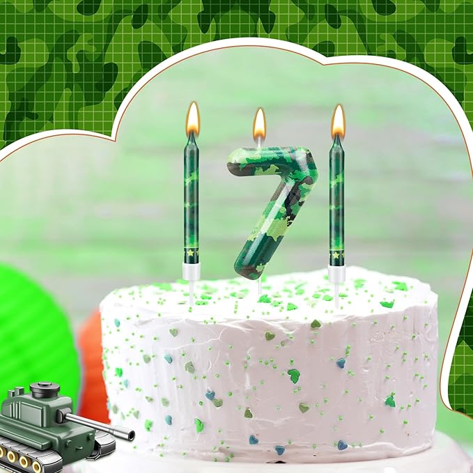 13 Pcs Camo Themed Birthday Candles 12 Army Themed Birthday Cake Candles and Number 7 Candle Cake Topper for Birthday Party Camouflage Motif Party Hunting Themed Party Decoration Supplies (Number 7)