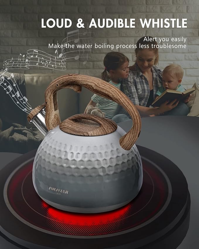 POLIVIAR Tea Kettle, Antique White Stovetop Tea Kettle 2.7 Quart, Audible Whistling Teapot, Food Grade Stainless Steel for Anti-Rust, Anti Hot Handle, Suitable for All Heat Sources (JX2020-YH30)