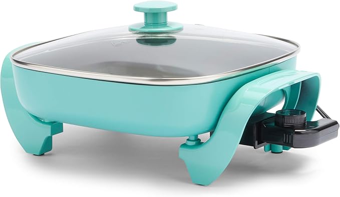 GreenLife 12" 5QT Square Electric Skillet, Glass Vented Lid, Ceramic PFAS-Free Nonstick Interior, Adjustable Temperature Control, Cool Touch Handles, Quick Even Heating, Scratch Resistant, Turquoise
