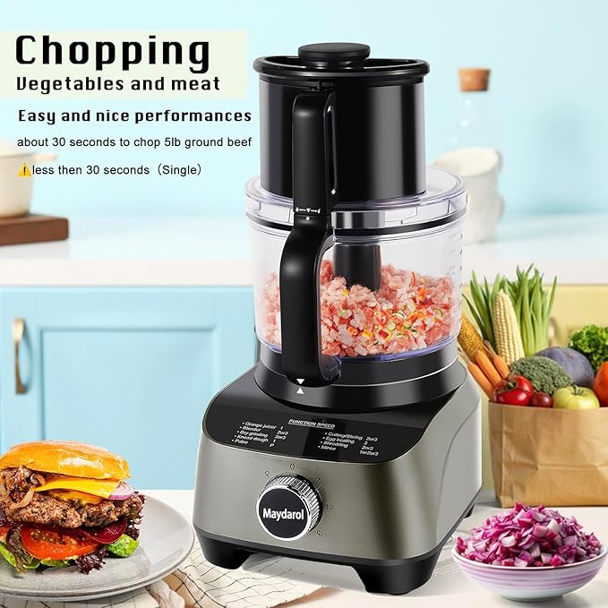 14 Cup Food Processor, French-Fry-Cutter, Blending, Mixing, Shredding, and Slicing, Meat and Vegetable Chopping, Doughing for Home Use, Mincing, and Pureeing,4 Speeds,600W