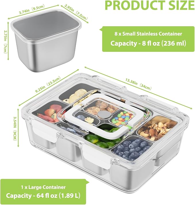 Snackle Box Container, Stainless Steel Divided Serving Tray with Lid and Handle, 8 Compartment Portable Snack Platters - Clear Storage Organizer for Fruit Candy Nuts Veggie - Perfect for Travel Party