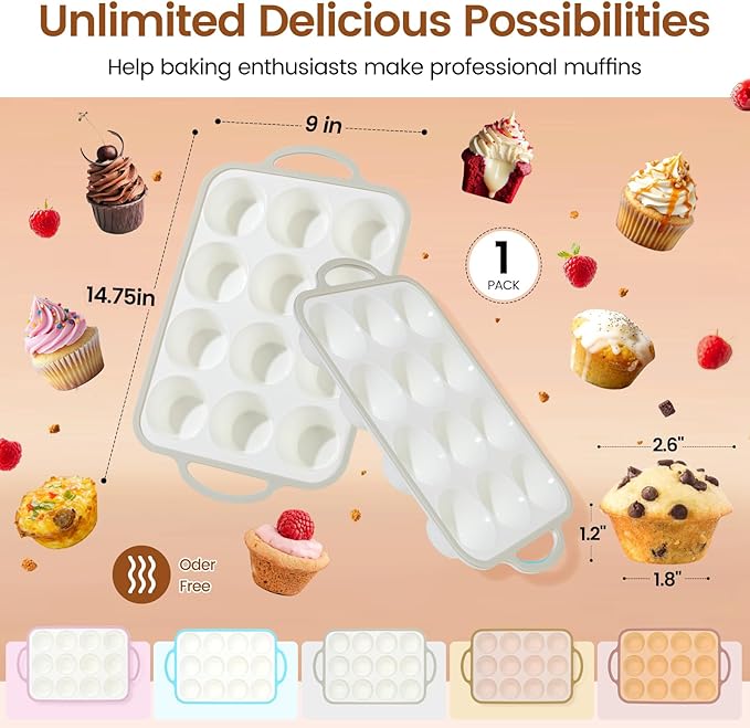 Silicone Muffin Pans for Baking 1 Pack, 2.6 Inch with Metal Reinforced Frame, Regular Size Nonstick Cupcake Pan 12 Cups for Baking Homemade Muffins, Dishwasher Safe BPA Free-Grey