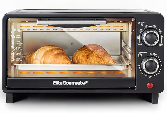 Elite Gourmet ETO490 9L/4 Slice Countertop Toaster Oven with 30-Minute Timer, Adjustable Temperature Control, Includes Baking Pan and Wire Rack, Bake, Broil, Toast, Black